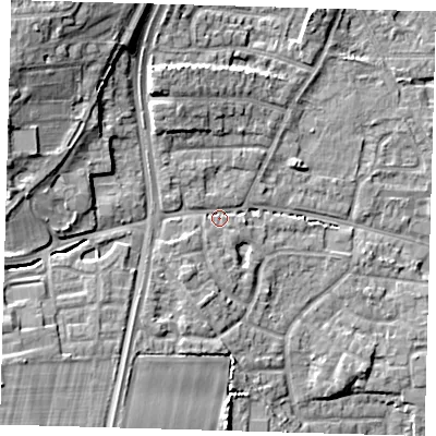 Shaded relief map of the ground around EN89LU, computed from Environment Agency LiDAR. The ground here sits at about 27 m above sea level and falls 14 m across the surrounding 800 m. Surface water reaching this point runs off ground lying to the north-west, 10.5 m higher.
