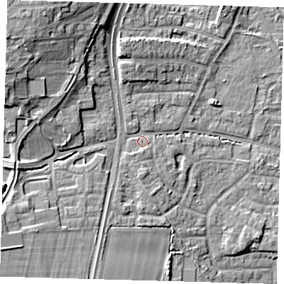 Shaded relief map of the ground around EN89LX, computed from Environment Agency LiDAR. The ground here sits at about 28 m above sea level and falls 15 m across the surrounding 800 m. Surface water reaching this point runs off ground lying to the north-west, 10.3 m higher.