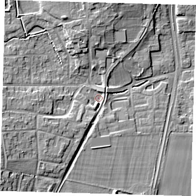 Shaded relief map of the ground around EN89LZ, computed from Environment Agency LiDAR. The ground here sits at about 31 m above sea level and falls 12 m across the surrounding 800 m. Surface water reaching this point runs off ground lying to the north-north-west, 7.6 m higher.