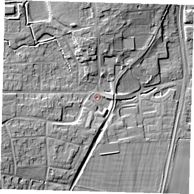 Shaded relief map of the ground around EN89NA, computed from Environment Agency LiDAR. The ground here sits at about 31 m above sea level and falls 13 m across the surrounding 800 m. Surface water reaching this point runs off ground lying to the west-south-west, 8.4 m higher.