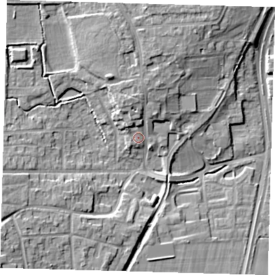 Shaded relief map of the ground around EN89NB, computed from Environment Agency LiDAR. The ground here sits at about 34 m above sea level and falls 13 m across the surrounding 800 m. Surface water reaching this point runs off ground lying to the north, 4.7 m higher.
