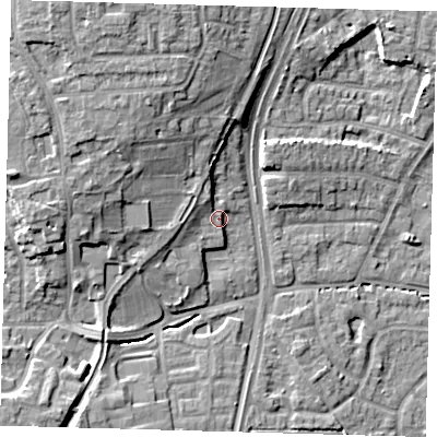 Shaded relief map of the ground around EN89NE, computed from Environment Agency LiDAR. The ground here sits at about 30 m above sea level and falls 14 m across the surrounding 800 m. Surface water reaching this point runs off ground lying to the north-west, 10.0 m higher.