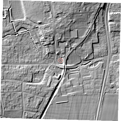 Shaded relief map of the ground around EN89NG, computed from Environment Agency LiDAR. The ground here sits at about 31 m above sea level and falls 12 m across the surrounding 800 m. Surface water reaching this point runs off ground lying to the north-north-west, 7.6 m higher.