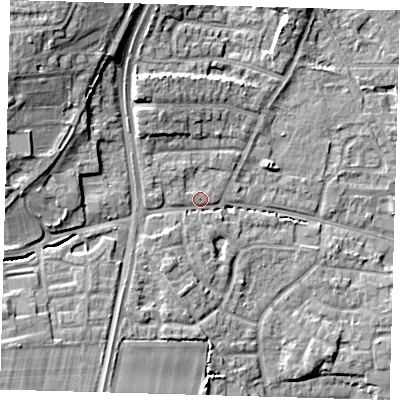 Shaded relief map of the ground around EN89NL, computed from Environment Agency LiDAR. The ground here sits at about 27 m above sea level and falls 14 m across the surrounding 800 m. Surface water reaching this point runs off ground lying to the north-west, 10.5 m higher.