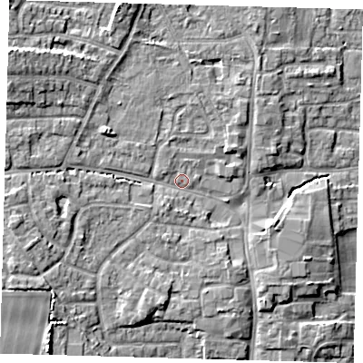 Shaded relief map of the ground around EN89NS, computed from Environment Agency LiDAR. The ground here sits at about 25 m above sea level and falls 10 m across the surrounding 800 m. Surface water reaching this point runs off ground lying to the north-west, 6.4 m higher.