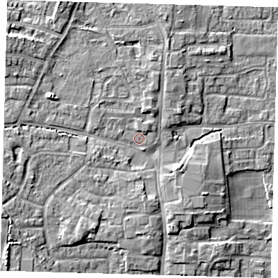 Shaded relief map of the ground around EN89NU, computed from Environment Agency LiDAR. The ground here sits at about 25 m above sea level and falls 10 m across the surrounding 800 m. Surface water reaching this point runs off ground lying to the north-north-west, 1.9 m higher.