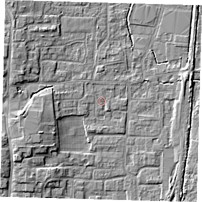 Shaded relief map of the ground around EN89RG, computed from Environment Agency LiDAR. The ground here sits at about 21 m above sea level and falls 8 m across the surrounding 800 m. Surface water reaching this point runs off ground lying to the west, 0.5 m higher.