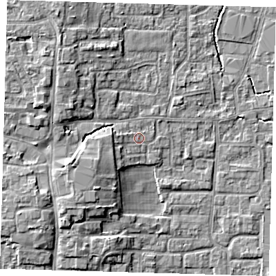 Shaded relief map of the ground around EN89RL, computed from Environment Agency LiDAR. The ground here sits at about 22 m above sea level and falls 8 m across the surrounding 800 m. Surface water reaching this point runs off ground lying to the west, 3.1 m higher.