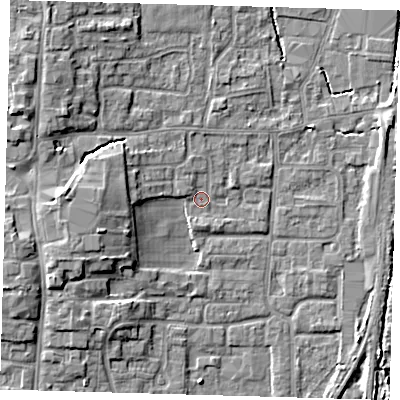 Shaded relief map of the ground around EN89RQ, computed from Environment Agency LiDAR. The ground here sits at about 21 m above sea level and falls 9 m across the surrounding 800 m. Surface water reaching this point runs off ground lying to the north-west, 1.2 m higher.