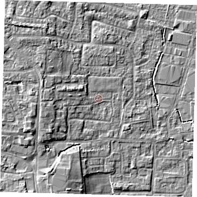 Shaded relief map of the ground around EN89RR, computed from Environment Agency LiDAR. The ground here sits at about 22 m above sea level and falls 8 m across the surrounding 800 m. Surface water reaching this point runs off ground lying to the west, 4.0 m higher.
