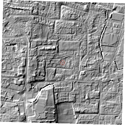Shaded relief map of the ground around EN89RW, computed from Environment Agency LiDAR. The ground here sits at about 22 m above sea level and falls 8 m across the surrounding 800 m. Surface water reaching this point runs off ground lying to the west, 2.8 m higher.