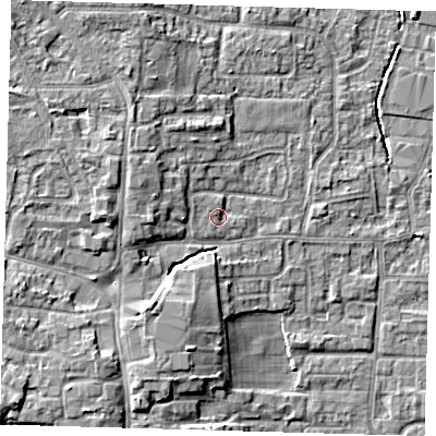Shaded relief map of the ground around EN89RY, computed from Environment Agency LiDAR. The ground here sits at about 23 m above sea level and falls 8 m across the surrounding 800 m. Surface water reaching this point runs off ground lying to the north, 1.2 m higher.