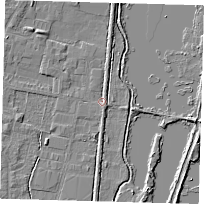 Shaded relief map of the ground around EN89SA, computed from Environment Agency LiDAR. The ground here sits at about 21 m above sea level and falls 6 m across the surrounding 800 m. Surface water reaching this point runs off ground lying to the north, 2.5 m higher.
