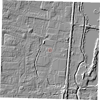 Shaded relief map of the ground around EN89SB, computed from Environment Agency LiDAR. The ground here sits at about 20 m above sea level and falls 5 m across the surrounding 800 m. Surface water reaching this point runs off ground lying to the west-south-west, 0.7 m higher.