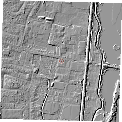 Shaded relief map of the ground around EN89SF, computed from Environment Agency LiDAR. The ground here sits at about 21 m above sea level and falls 5 m across the surrounding 800 m. Surface water reaching this point runs off ground lying to the north-west, 3.6 m higher.