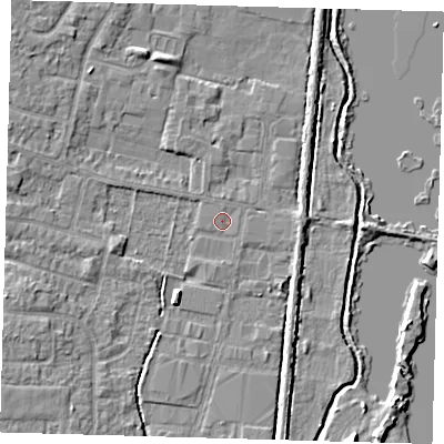 Shaded relief map of the ground around EN89SG, computed from Environment Agency LiDAR. The ground here sits at about 21 m above sea level and falls 5 m across the surrounding 800 m. The ground contributing surface water to this point lies to the north.