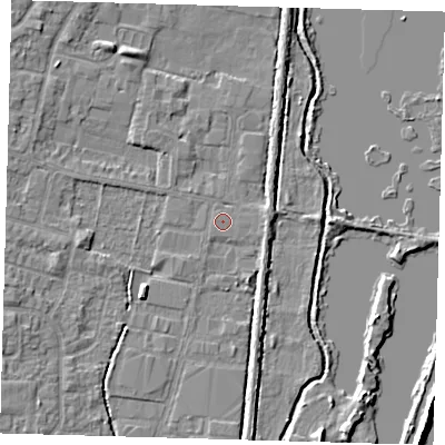 Shaded relief map of the ground around EN89SH, computed from Environment Agency LiDAR. The ground here sits at about 21 m above sea level and falls 7 m across the surrounding 800 m. Surface water reaching this point runs off ground lying to the north-north-east, 2.2 m higher.