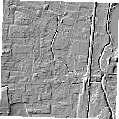 Shaded relief map of the ground around EN89SL, computed from Environment Agency LiDAR. The ground here sits at about 20 m above sea level and falls 8 m across the surrounding 800 m. Surface water reaching this point runs off ground lying to the south-east, 3.7 m higher.