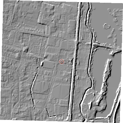 Shaded relief map of the ground around EN89SP, computed from Environment Agency LiDAR. The ground here sits at about 21 m above sea level and falls 7 m across the surrounding 800 m. Surface water reaching this point runs off ground lying to the north-east, 1.8 m higher.