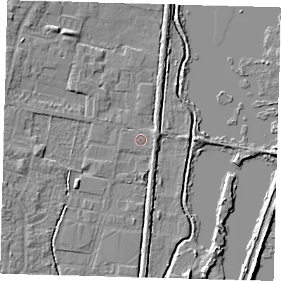 Shaded relief map of the ground around EN89SQ, computed from Environment Agency LiDAR. The ground here sits at about 21 m above sea level and falls 7 m across the surrounding 800 m. The ground contributing surface water to this point lies to the west-north-west.