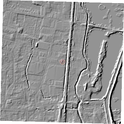 Shaded relief map of the ground around EN89SS, computed from Environment Agency LiDAR. The ground here sits at about 21 m above sea level and falls 8 m across the surrounding 800 m. Surface water reaching this point runs off ground lying to the west-north-west, 3.2 m higher.