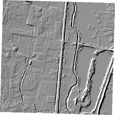 Shaded relief map of the ground around EN89SU, computed from Environment Agency LiDAR. The ground here sits at about 21 m above sea level and falls 7 m across the surrounding 800 m. Surface water reaching this point runs off ground lying to the north-east, 1.4 m higher.