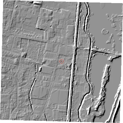 Shaded relief map of the ground around EN89TA, computed from Environment Agency LiDAR. The ground here sits at about 21 m above sea level and falls 7 m across the surrounding 800 m. Surface water reaching this point runs off ground lying to the east-north-east, 1.7 m higher.