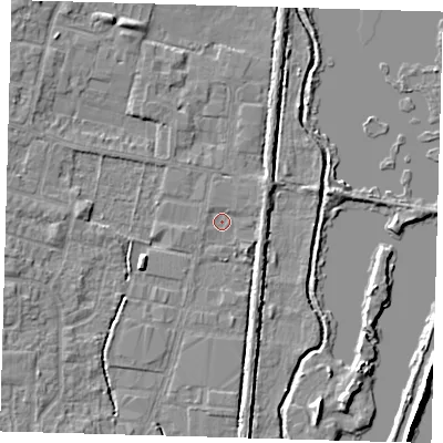Shaded relief map of the ground around EN89TB, computed from Environment Agency LiDAR. The ground here sits at about 21 m above sea level and falls 7 m across the surrounding 800 m. Surface water reaching this point runs off ground lying to the east, 1.5 m higher.