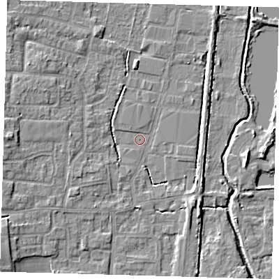 Shaded relief map of the ground around EN89TE, computed from Environment Agency LiDAR. The ground here sits at about 20 m above sea level and falls 7 m across the surrounding 800 m. Surface water reaching this point runs off ground lying to the south-east, 3.7 m higher.