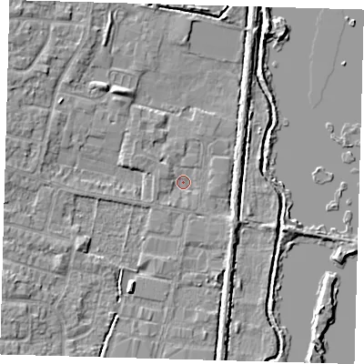 Shaded relief map of the ground around EN89TJ, computed from Environment Agency LiDAR. The ground here sits at about 21 m above sea level and falls 5 m across the surrounding 800 m. Surface water reaching this point runs off ground lying to the west-north-west, 1.1 m higher.