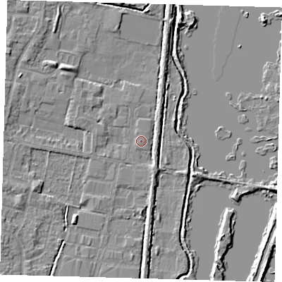 Shaded relief map of the ground around EN89TY, computed from Environment Agency LiDAR. The ground here sits at about 21 m above sea level and falls 5 m across the surrounding 800 m. Surface water reaching this point runs off ground lying to the west-north-west, 1.2 m higher.