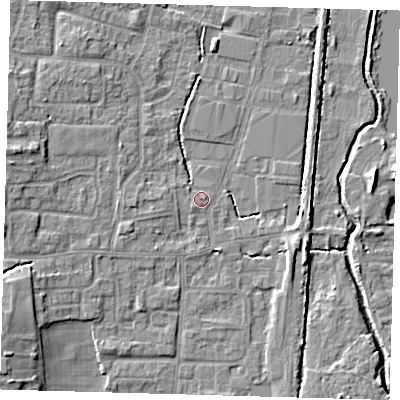 Shaded relief map of the ground around EN89UD, computed from Environment Agency LiDAR. The ground here sits at about 21 m above sea level and falls 8 m across the surrounding 800 m. Surface water reaching this point runs off ground lying to the west, 1.6 m higher.