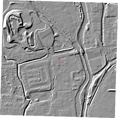 Shaded relief map of the ground around EN91AA, computed from Environment Agency LiDAR. The ground here sits at about 18 m above sea level and falls 10 m across the surrounding 800 m. Surface water reaching this point runs off ground lying to the east-north-east, 2.9 m higher.