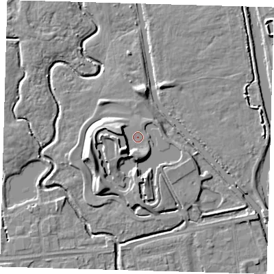 Shaded relief map of the ground around EN91AB, computed from Environment Agency LiDAR. The ground here sits at about 21 m above sea level and falls 10 m across the surrounding 800 m. Surface water reaching this point runs off ground lying to the south-west, 5.6 m higher.