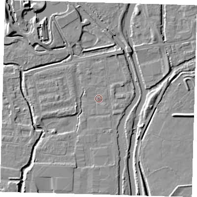 Shaded relief map of the ground around EN91AE, computed from Environment Agency LiDAR. The ground here sits at about 18 m above sea level and falls 10 m across the surrounding 800 m. Surface water reaching this point runs off ground lying to the north-north-east, 3.0 m higher.