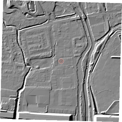 Shaded relief map of the ground around EN91AF, computed from Environment Agency LiDAR. The ground here sits at about 18 m above sea level and falls 11 m across the surrounding 800 m. Surface water reaching this point runs off ground lying to the west, 0.8 m higher.