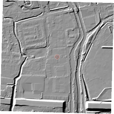 Shaded relief map of the ground around EN91AJ, computed from Environment Agency LiDAR. The ground here sits at about 18 m above sea level and falls 11 m across the surrounding 800 m. The ground contributing surface water to this point lies to the north-north-east.