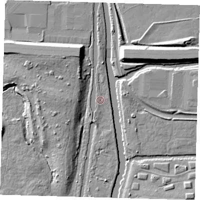 Shaded relief map of the ground around EN91AL, computed from Environment Agency LiDAR. The ground here sits at about 18 m above sea level and falls 11 m across the surrounding 800 m. Surface water reaching this point runs off ground lying to the south-south-west, 2.0 m higher.