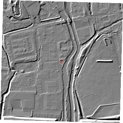 Shaded relief map of the ground around EN91AN, computed from Environment Agency LiDAR. The ground here sits at about 18 m above sea level and falls 10 m across the surrounding 800 m. Surface water reaching this point runs off ground lying to the south-south-west, 7.0 m higher.
