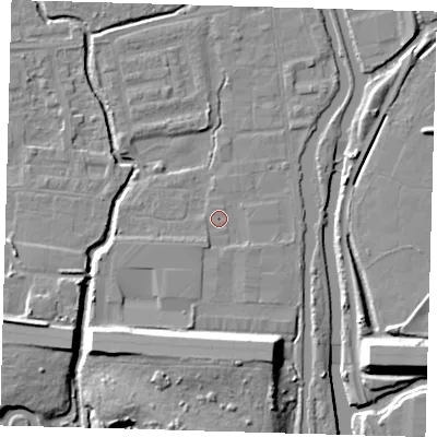 Shaded relief map of the ground around EN91AS, computed from Environment Agency LiDAR. The ground here sits at about 19 m above sea level and falls 11 m across the surrounding 800 m. Surface water reaching this point runs off ground lying to the south, 7.8 m higher.