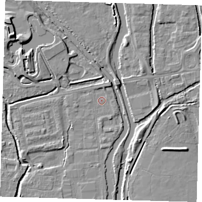 Shaded relief map of the ground around EN91AZ, computed from Environment Agency LiDAR. The ground here sits at about 19 m above sea level and falls 10 m across the surrounding 800 m. Surface water reaching this point runs off ground lying to the north-north-east, 1.9 m higher.