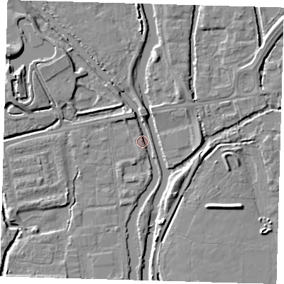 Shaded relief map of the ground around EN91BA, computed from Environment Agency LiDAR. The ground here sits at about 19 m above sea level and falls 7 m across the surrounding 800 m. Surface water reaching this point runs off ground lying to the north-north-west, 3.5 m higher.