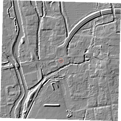 Shaded relief map of the ground around EN91BB, computed from Environment Agency LiDAR. The ground here sits at about 19 m above sea level and falls 6 m across the surrounding 800 m. Surface water reaching this point runs off ground lying to the north-north-east, 1.5 m higher.