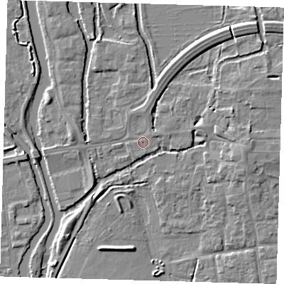 Shaded relief map of the ground around EN91BD, computed from Environment Agency LiDAR. The ground here sits at about 19 m above sea level and falls 6 m across the surrounding 800 m. Surface water reaching this point runs off ground lying to the north, 1.5 m higher.