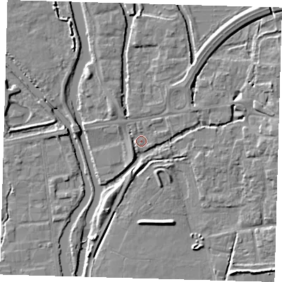 Shaded relief map of the ground around EN91BE, computed from Environment Agency LiDAR. The ground here sits at about 19 m above sea level and falls 6 m across the surrounding 800 m. Surface water reaching this point runs off ground lying to the north-west, 2.0 m higher.