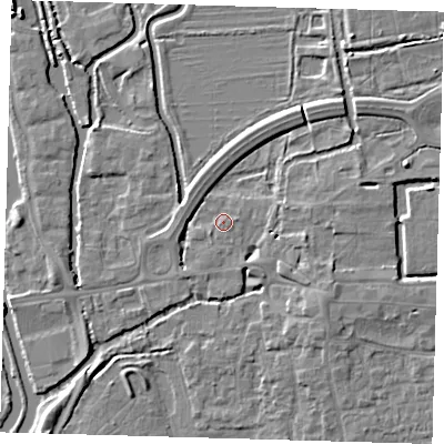 Shaded relief map of the ground around EN91BF, computed from Environment Agency LiDAR. The ground here sits at about 20 m above sea level and falls 5 m across the surrounding 800 m. Surface water reaching this point runs off ground lying to the north-east, 3.6 m higher.