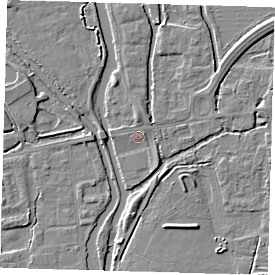 Shaded relief map of the ground around EN91BH, computed from Environment Agency LiDAR. The ground here sits at about 19 m above sea level and falls 5 m across the surrounding 800 m. Surface water reaching this point runs off ground lying to the west, 0.8 m higher.