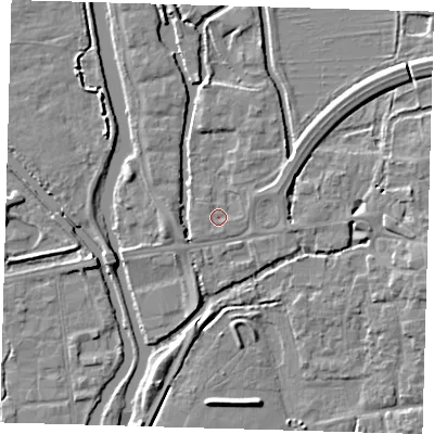 Shaded relief map of the ground around EN91BJ, computed from Environment Agency LiDAR. The ground here sits at about 19 m above sea level and falls 5 m across the surrounding 800 m. Surface water reaching this point runs off ground lying to the south, 0.8 m higher.