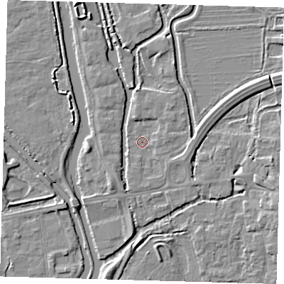 Shaded relief map of the ground around EN91BL, computed from Environment Agency LiDAR. The ground here sits at about 19 m above sea level and falls 4 m across the surrounding 800 m. Surface water reaching this point runs off ground lying to the east, 2.2 m higher.