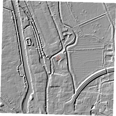 Shaded relief map of the ground around EN91BN, computed from Environment Agency LiDAR. The ground here sits at about 19 m above sea level and falls 4 m across the surrounding 800 m. Surface water reaching this point runs off ground lying to the west, 1.6 m higher.